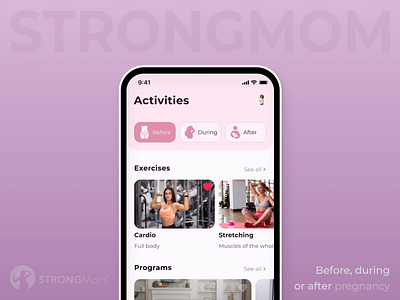 A Fitness App | StrongMom animation fitness gym healthcare icons logo mobile app mom motion pink pregnancy purple sport typography ui ux workout