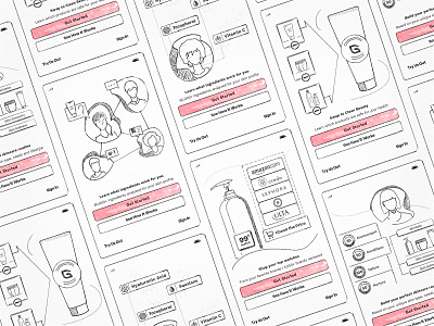 Sketches of the Onboarding Screens. Good Face Project App. app app store listing beauty formulation illustation mobile app onboarding regulatory sketch user interface wireframes