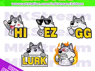 Twitch emotes cute wolf lurk, hi, gg, ez & rage pack animated emotes anime cute design discord emotes dog emotes emote emotes ez gg illustration lurk rage sub badge twitch emotes waving wolf wolf emotes