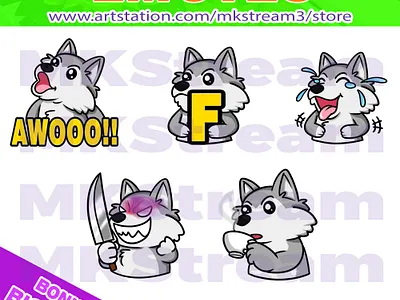 Twitch emotes cute wolf knife, sip, howl, f & laugh pack animated emotes anime cute design discord emotes dog dog emotes emote emotes f howl husky illustration knife laugh sip sub badge twitch emotes wolf wolf emotes