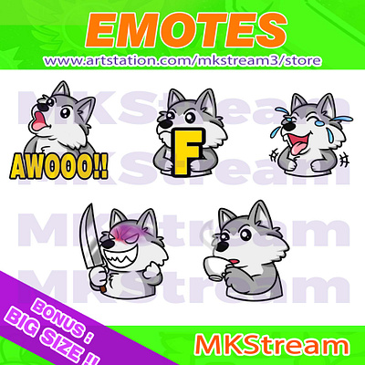 Twitch emotes cute wolf knife, sip, howl, f & laugh pack animated emotes anime cute design discord emotes dog dog emotes emote emotes f howl husky illustration knife laugh sip sub badge twitch emotes wolf wolf emotes