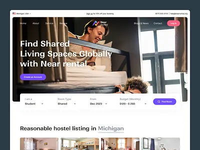 Hostel Rental Landing Page clean design drom halal design hero home rent home rental homepage design hostel hostel rent house search landing page online booking real estate rental rental webstie uidesign website