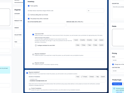 Configurations for various product types UI product design product settings product type product variants