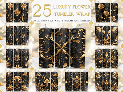 Luxury Gold Black Floral 20 Oz Tumbler Wrap 3d tumbler wrap