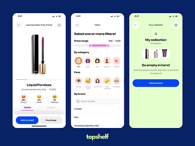 Topshelf iOS App app app design collection cosmetics filters ios make up mobile product page ui ux wishlist