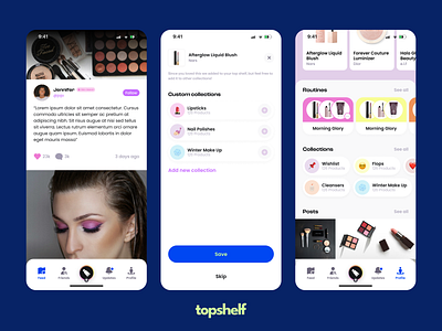Topshelf iOS App app design beauty collections cosmetics feed make up mobile mobile app profile ui ux wishlist