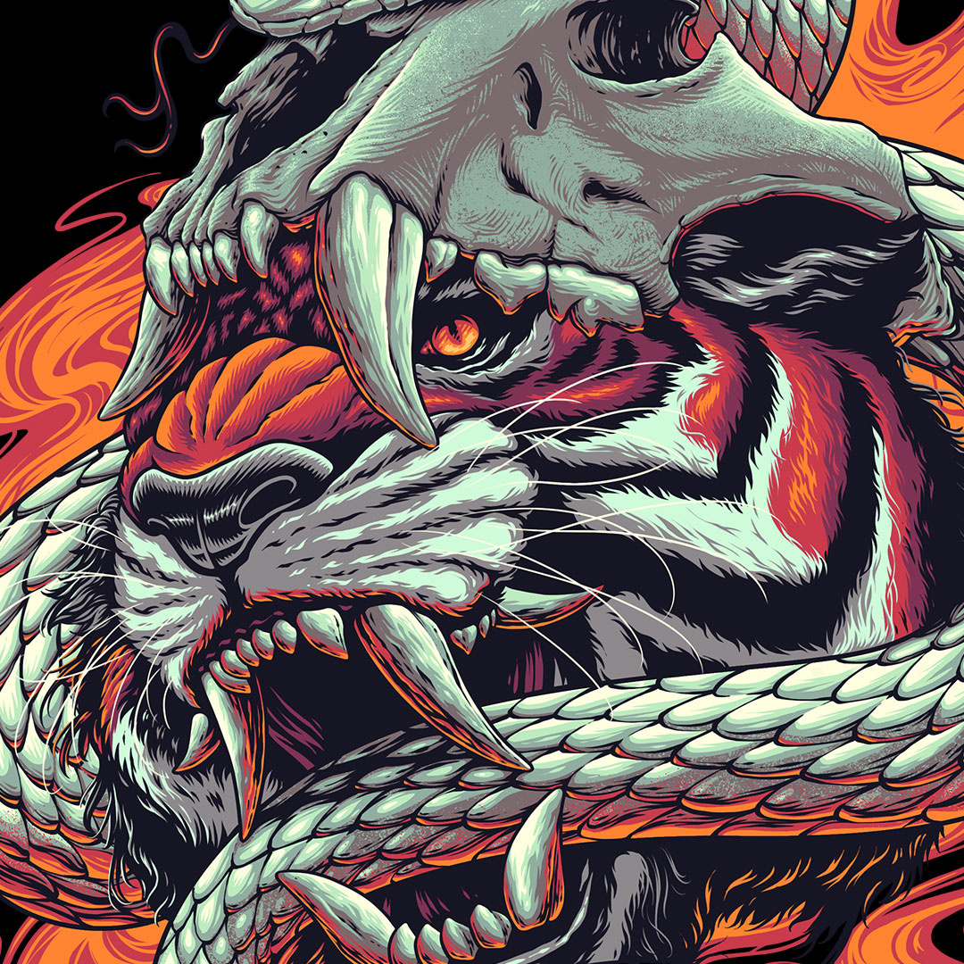 Fearless artwork artworkforsale darkart design hatching illustration skull snake tiger tshirt