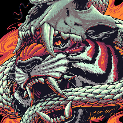 Fearless artwork artworkforsale darkart design hatching illustration skull snake tiger tshirt