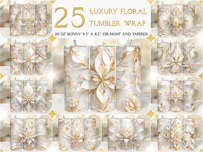 Luxury Gold White Floral 20 Oz Seamless Tumbler Wrap 3d tumbler wrap