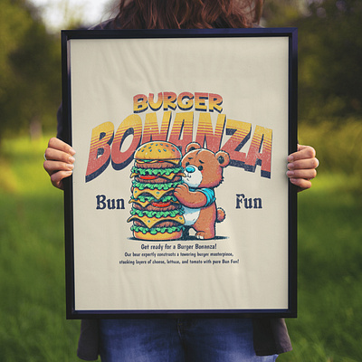 Burger Bonanza adorable bear burger cartoon cute design funny kittl pop culture print on demand t shirt tshirt design