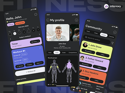Fitness mobile app | Design concept black blue crossfit dark theme fitness health healthcare mobile app mobile app design product design sport white yellow