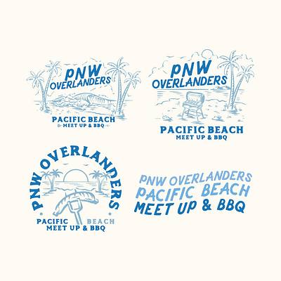 PNW Overlanders - BBQ Meet Up bbq beach branding design hand drawn design illustration illustration vintage logo design ocean overlanders palm trees pnw vintage logo wave
