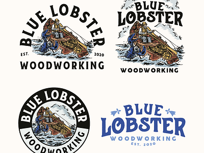 Blue Lobster Woodworking Design and Logo Set badge design blue lobster branding design fisher hand drawn design illustration illustration vintage logo logo design ocean vintage logo wave woodworking
