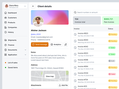 User details page | Client profile UI admin ui client details client page ui client profile client profile ui customer page profile page saas ui user activity user contacts user detailes user page user profile