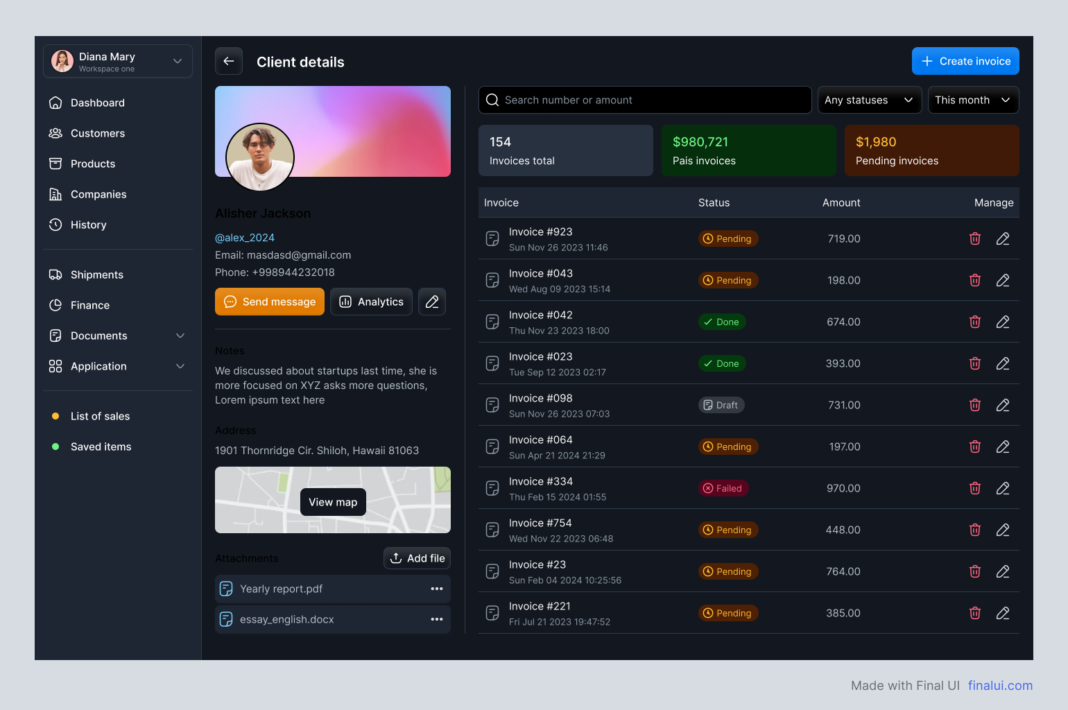 User details page | Client profile UI by Final UI on Dribbble