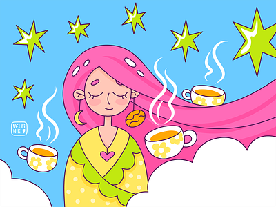 Coffee packaging illustration. Character Art art artist blue character coffee concept design doodle doodles girl hair heart illustration packaging person pink stars yellow