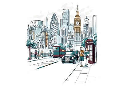 Interconnected world banking bigben brush buildings cab digitalaert digitalsketch drawing illustration linework london muti photoshop redbus taxi uk wacomart watercolour