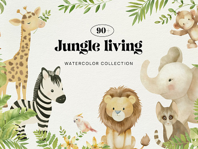 Jungle living Watercolor collection animals artwork baby arrangement baby shower birthday cartoon celebration design event gender party greeting cards holiday invitation jungle monstera png clipart safari safari theme tropical watercolor