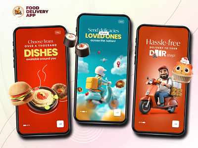 Onboarding for a Food Delivery App 3d illustrations design figma food delivery app food delivery onboarding fun designs happy designs illustrations modern design onboarding screen onboarding screens trending design ui ui design ux ux design