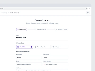 UnifiedHR → Creating Contract address form contract contractor contractortools dasboard dropdown hr dashboard phone number product design stepper ui form