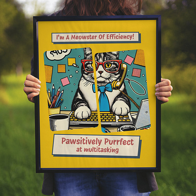 Meowster of Efficiency adorable cartoon cat cute design funny kittl pop culture print on demand t shirt t shirt design