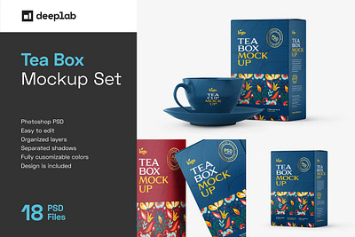 Tea Box Packaging Mockup Set brand branding cardboard carton coffee container cover design empty label packaging product realistic rectangular tea box packaging mockup set template