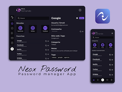 Neox Password - Password manager app design ui/ux app dark dark design desktop mobile pwa ui ux web design website