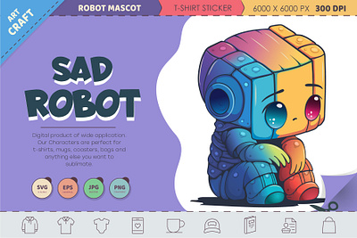 Sad cartoon Robot. android art cartoon character chibi comic cyborg design illustration kawaii machine mascot robot robots sticker vector