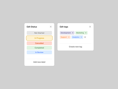 Edit modals add close completed create design exploration edit edit modals figma in progress labels light mode not started plus product design status tags ui ux web web design