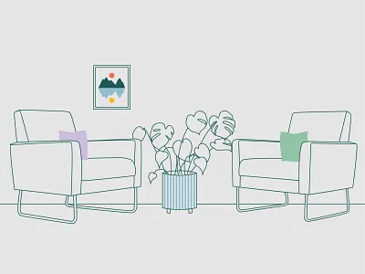 Illustration for Blue Sage Psychotherapy Group branding chairs color design drawing fun graphic design illustration line drawing living room office outline plants psychotherapy scene therapist therapy ui vector wall art