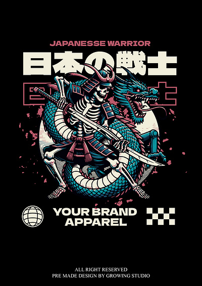 Japanese Warrior Streetwear artwork branding cloting distro graphic graphic design hand drawn illustration japan japanese merchandise samurai screenprinting streetwear tshirt design vector y2k design