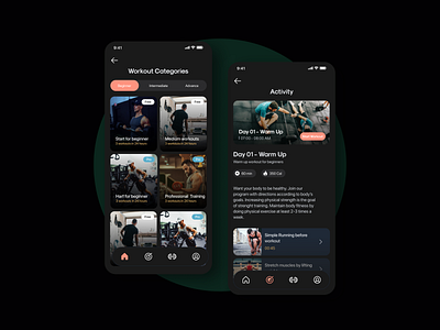 Fitness App UI Design - Workout & Activity Screens activity animation app design app ui app ui design branding dark theme design figma fitness fitness app gym app ios app mobile app ui design uiux women app