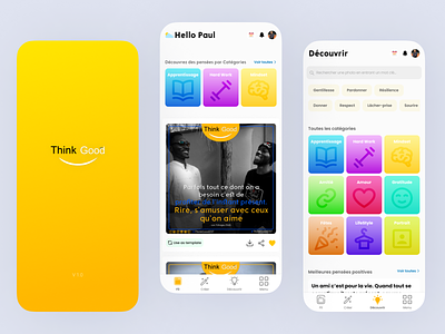 Positive quotes app design - social app UI/UX design design flat design graphic design logo mobile design mobile screens mobile ui positive design positive mobile app ui ux yellow design