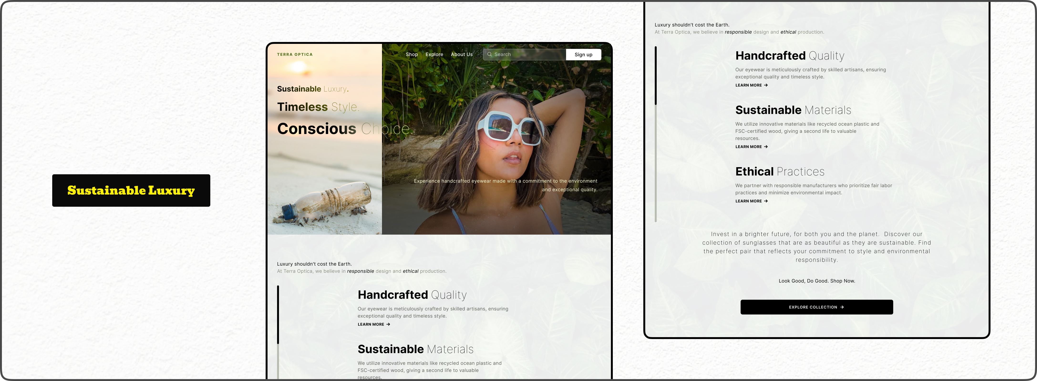 UI Challenge - Day 20 (Sustainable Luxury for Terra Optica) branding dailyui landingpageui luxurybrand nature splitscreeenui sustainability sustainableluxury uichallenge uidesign uiux uiuxdesign userexperience uxdesign websitelandingpage webui