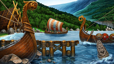 The main background for the slot game "Viking Village" background art background design background illustration casino art casino illustration digital art gambling gambling illustration game art game design graphic design illustration illustration art slot design slot designe viking background viking illustration viking slot viking themed