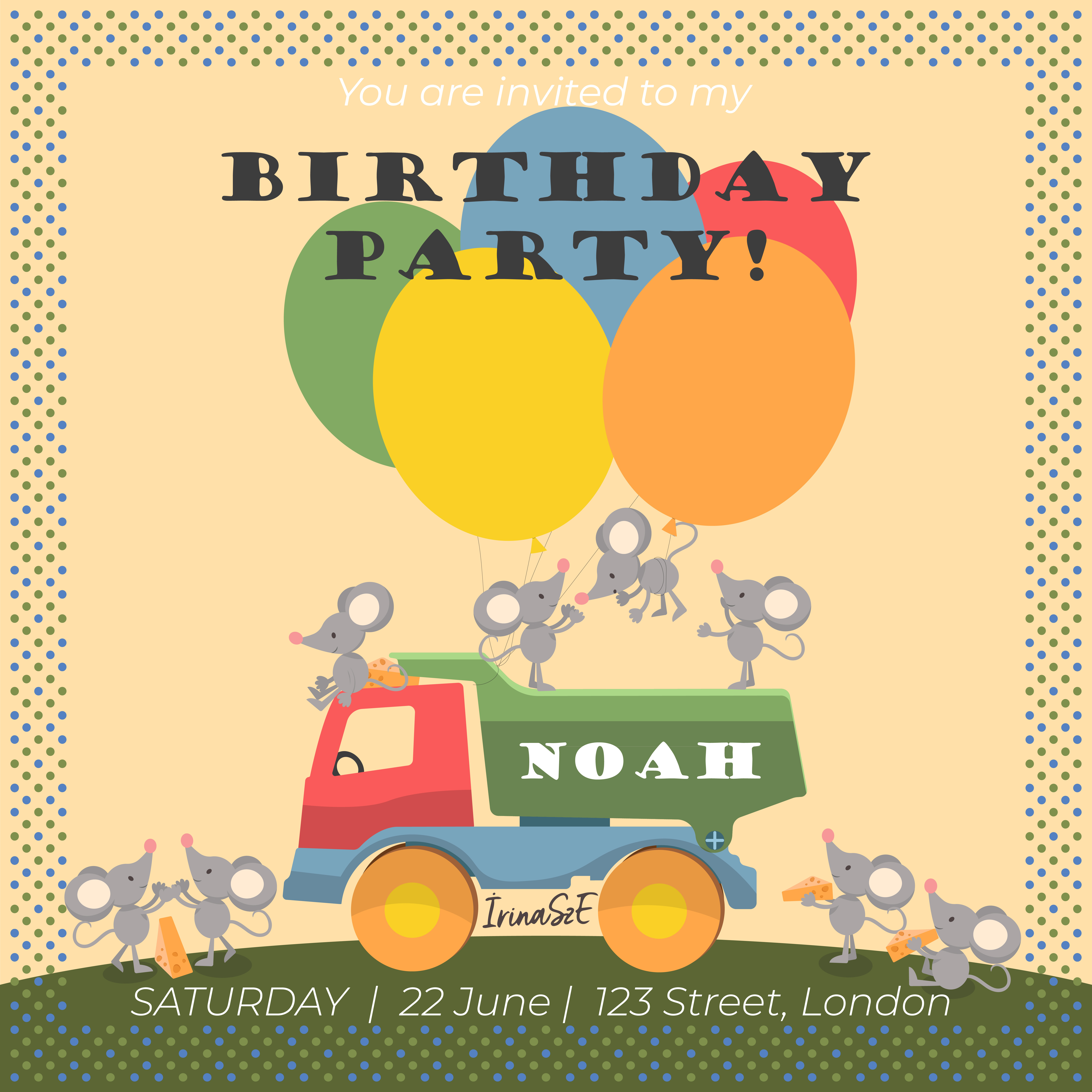 Birthday party invitation - vector template amusing birthday party card design cartoon mice cartoon mouse celebration children cute cute illustration cute mice illustration fun funny invitation invitation template kids kids party nursery party toddlers vector illustration