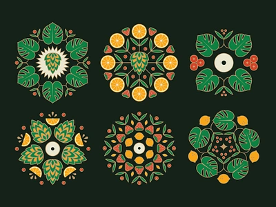 Varietees Kit badge branding circle eye flower foliage fruit geometric hops illustration jungle leaf lemon logo orange paradise pattern strawberry tropical vector