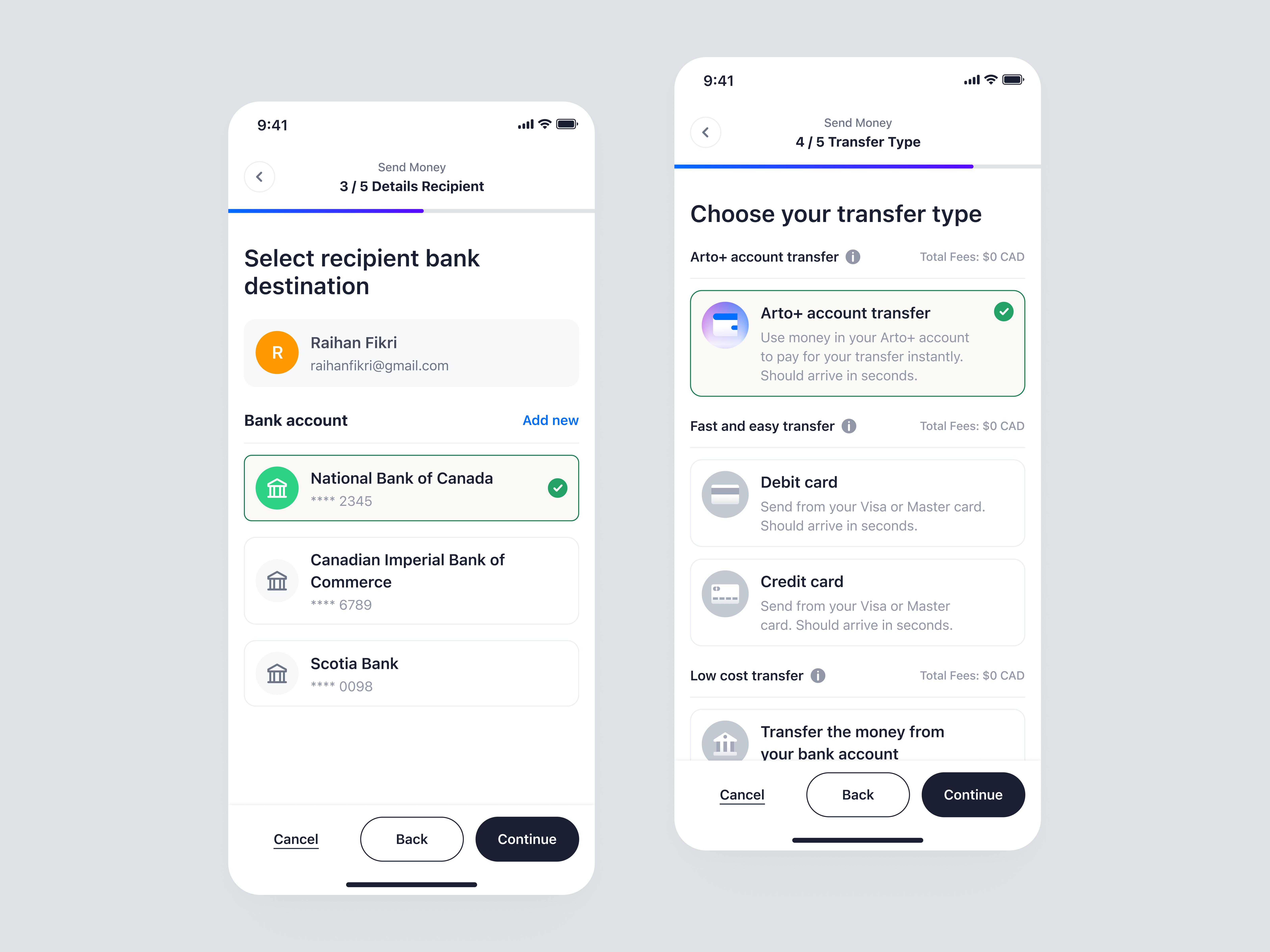 Arto Plus Mobile - Select Bank Destination and Transfer Type app mobile payment product design saas saas design select bank send money transfer type ui ux