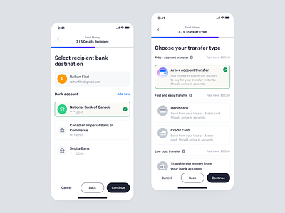 Arto Plus Mobile - Select Bank Destination and Transfer Type app mobile payment product design saas saas design select bank send money transfer type ui ux
