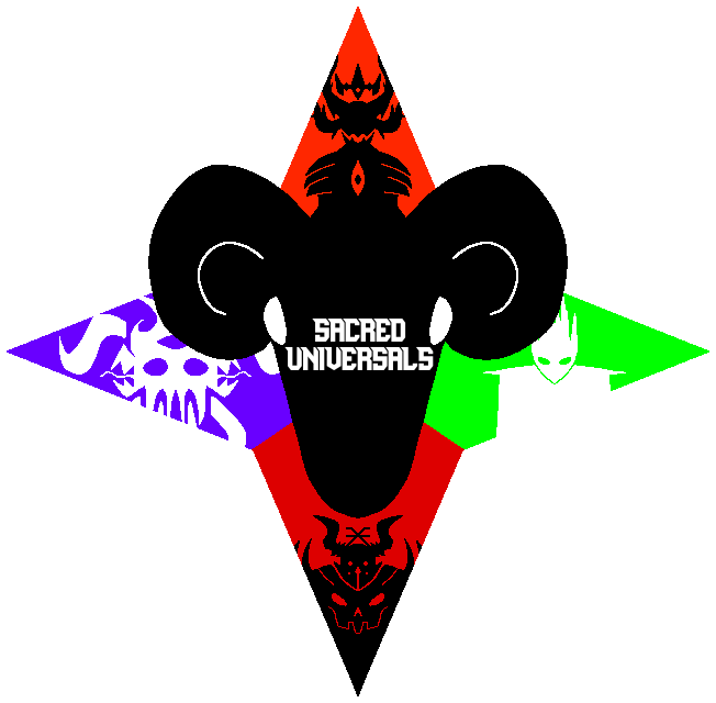 A Four Pointed Star with Scarlet, Purple, Red and Green. Plus a Goat Head with "SACRED UNIVERSALS"