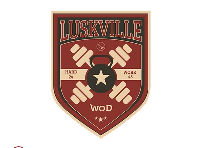 LUSKVILLE WOD GYM branding dumbbell emblem graphic design gym kettlebell logo retro shield vintage