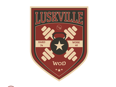 LUSKVILLE WOD GYM branding dumbbell emblem graphic design gym kettlebell logo retro shield vintage