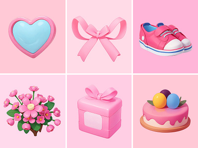 Pink Icon Collection 3d cake cartoon cute flower gift heart icon illustration love mothersday pastel pink rendering ribbon