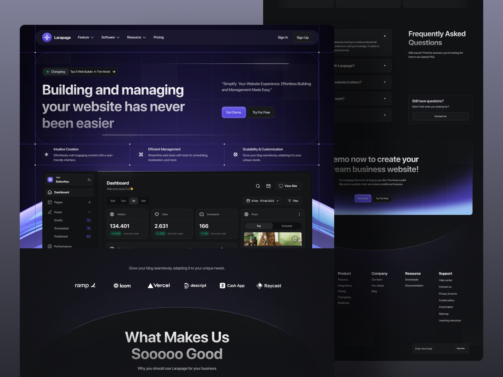 Larapage - Web Management Landing Page bento blog clean future landing page linear modern pricing saas space tech ui uiux web builder website