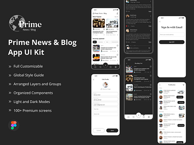 Prime News/Blog App UI Kit app design article blog blogger branding design design kit illustration magazine news news portal portal ui ui design ui kit ux design