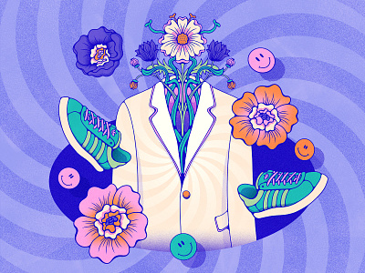 Weird Little Jacket fashion flowers groovy art halftone illustration jacket procreate psychedelic retro smiley face sneaker trippy art vintage illustration weird flowers