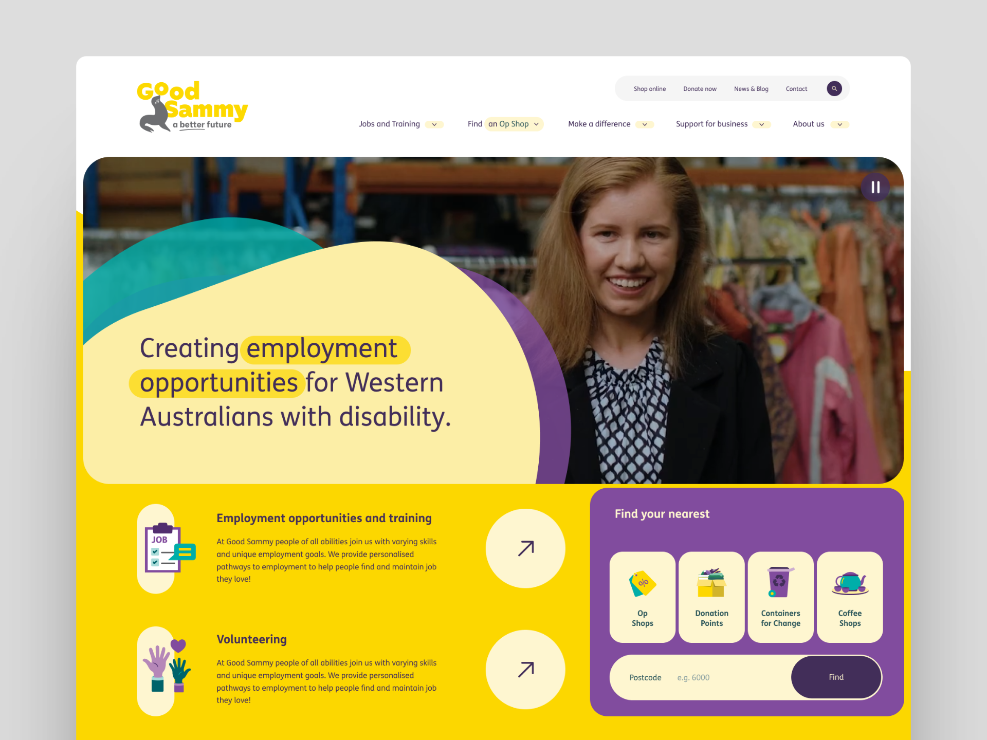 Good Sammy – Website australia colorful disability employment landing page non for profit opshop ui ux web design website