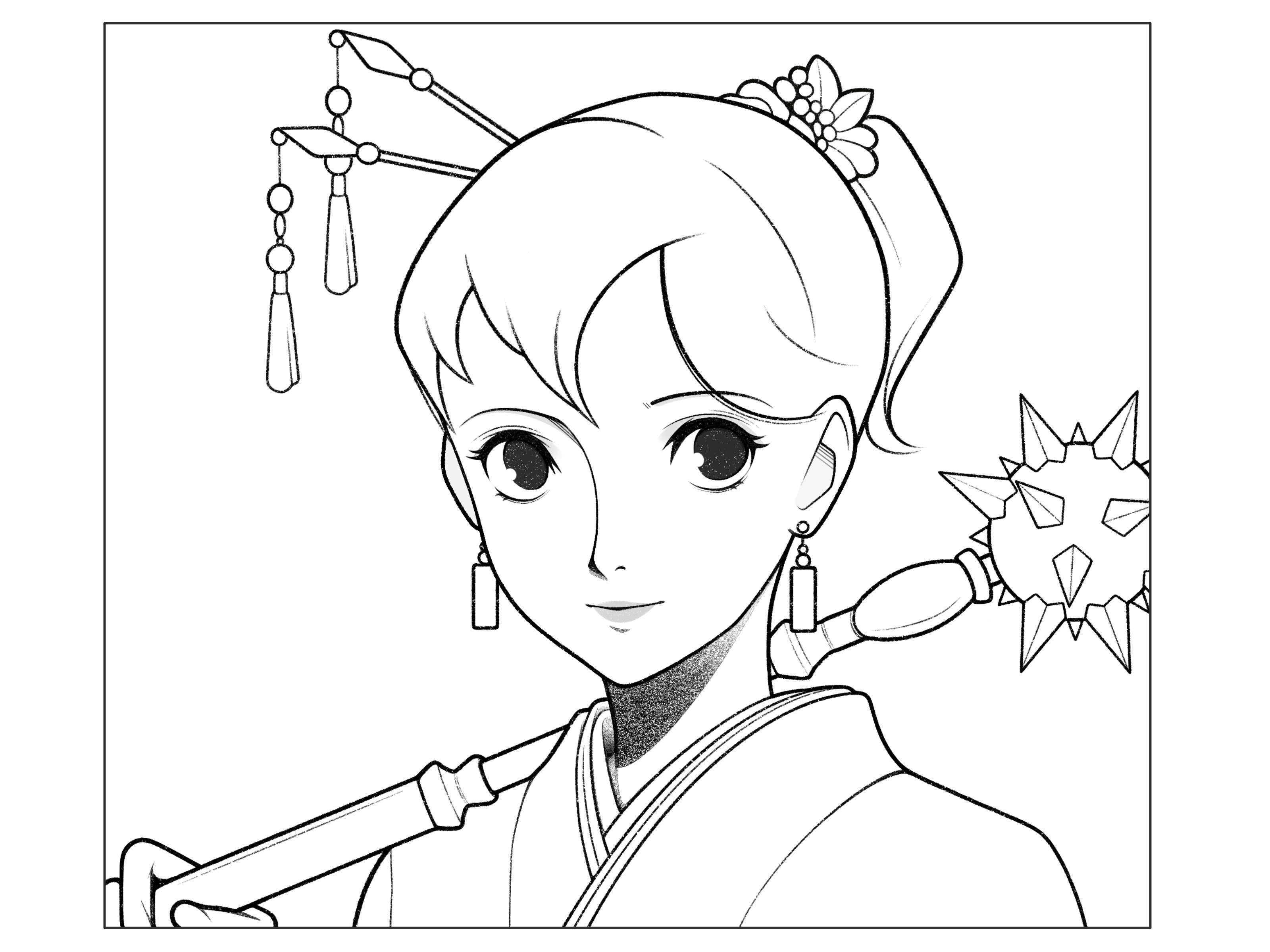 girl black and white cartoon character character design comic design details drawing fantasy girl illustration kimono line magic minimal monochrome nft procreate simple sword