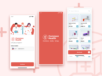 Health Care Mobile App ( Common Health) app delivery ecommerce health healthcare mobileapp red ui ux