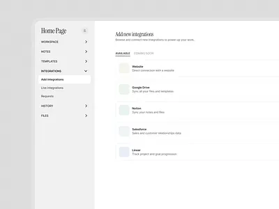 Integrations page design app design branding clean colors design integration page integrations list list design minimal minimalist nav navbar typography ui ux web app web app design web design